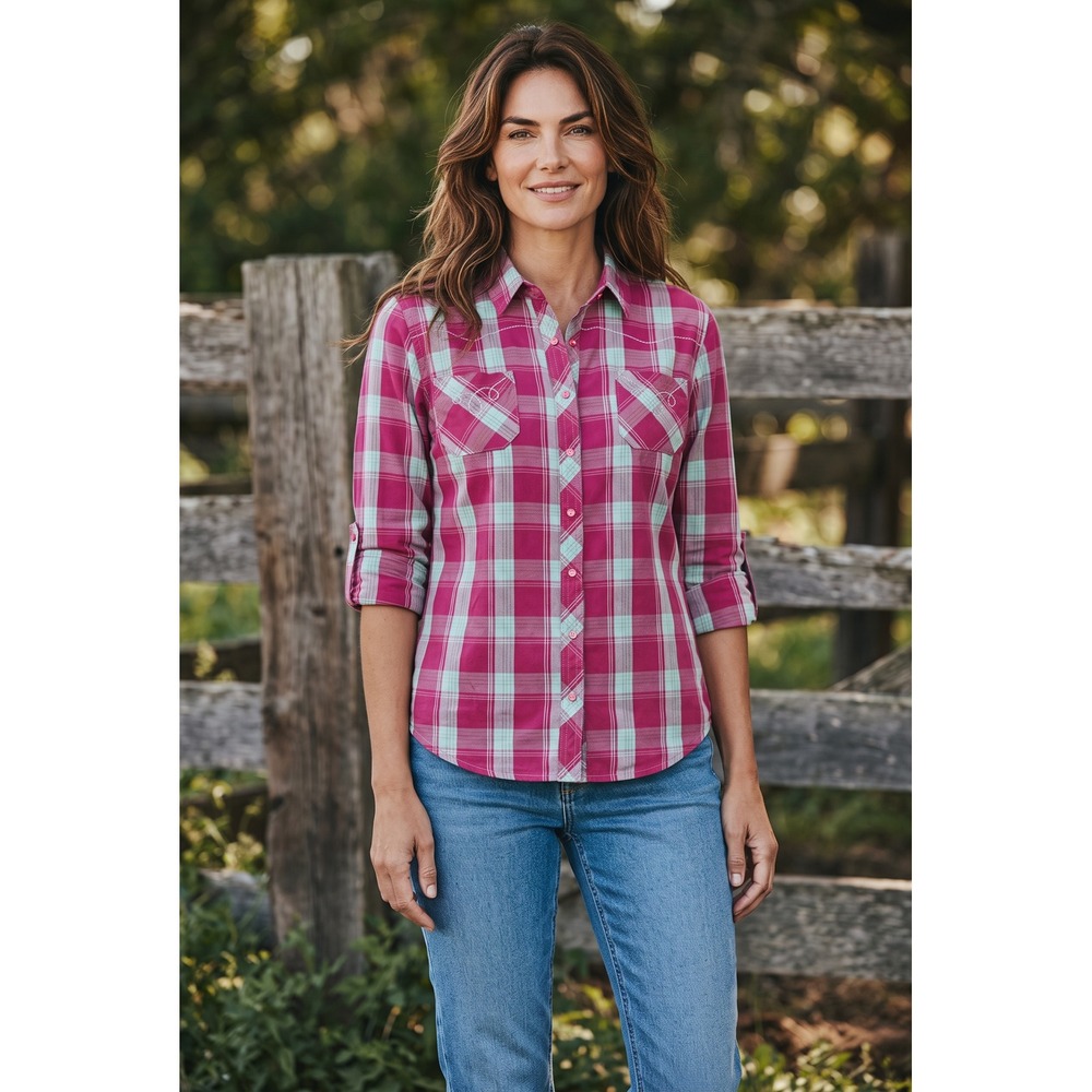 Bit & Bridle Pink Teal Plaid Western Embroidered Roll Tab Shirt XL